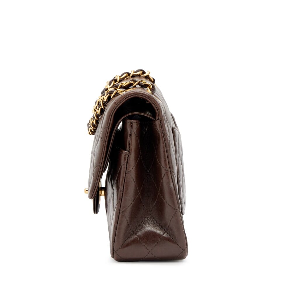 Vintage Chocolate Brown Quilted Lambskin Classic Medium Double Flap Bag Gold Hardware, 1996-1997