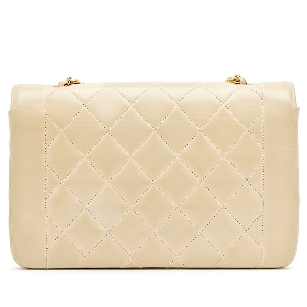 Vintage Light Beige Quilted Lambskin Medium Diana Flap Bag Gold Hardware, 1991-1994