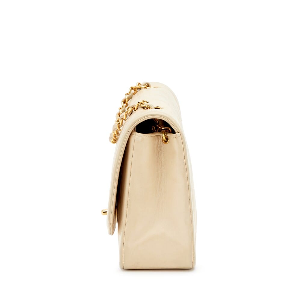 Vintage Light Beige Quilted Lambskin Medium Diana Flap Bag Gold Hardware, 1991-1994
