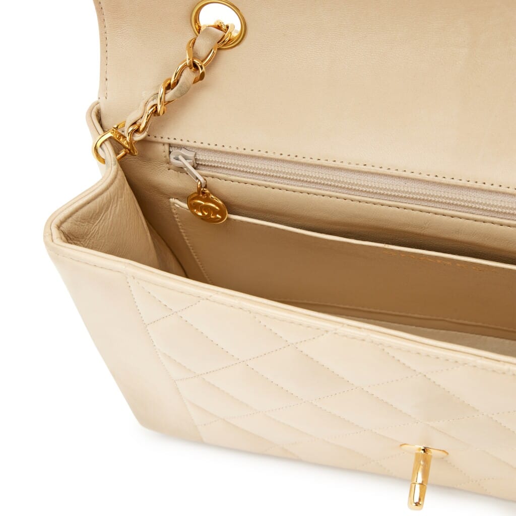 Vintage Light Beige Quilted Lambskin Medium Diana Flap Bag Gold Hardware, 1991-1994
