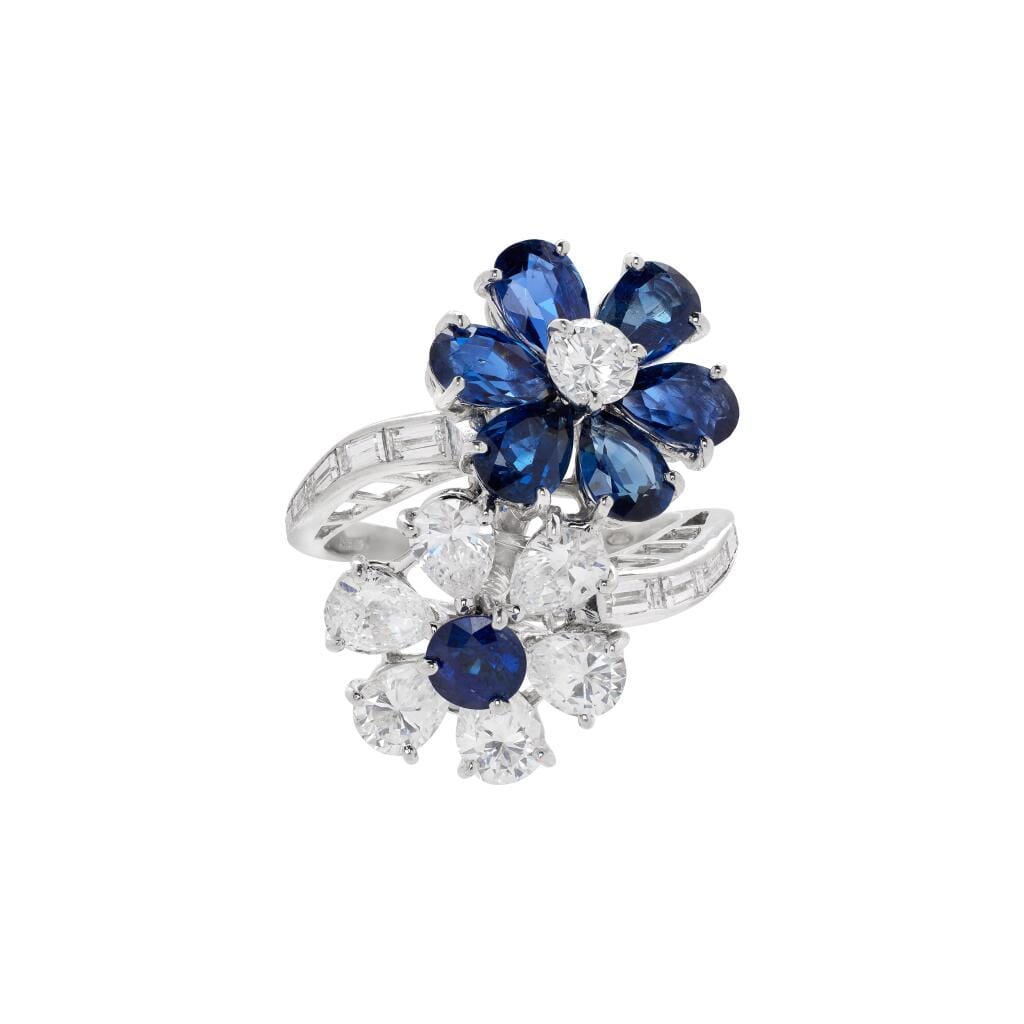 Platinum, Sapphire and Diamond Flower Bypass Ring