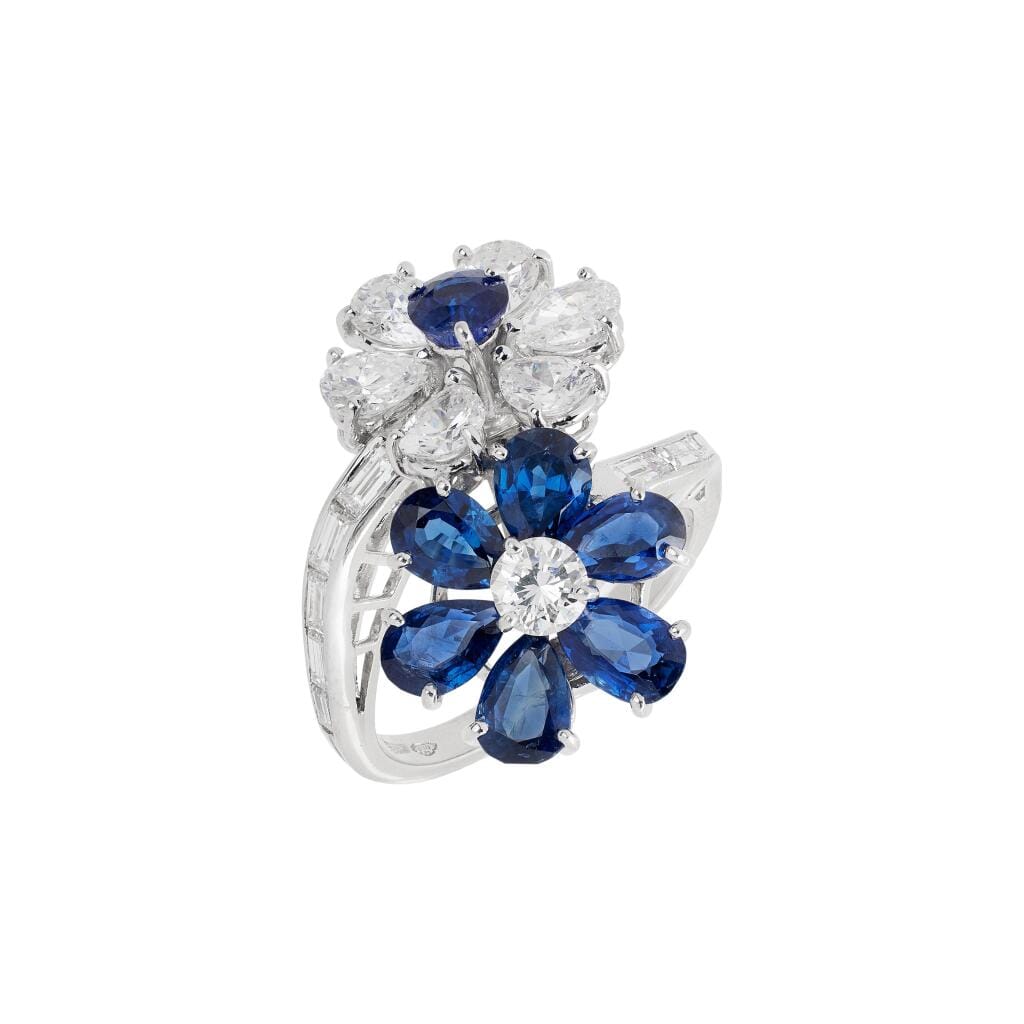 Platinum, Sapphire and Diamond Flower Bypass Ring
