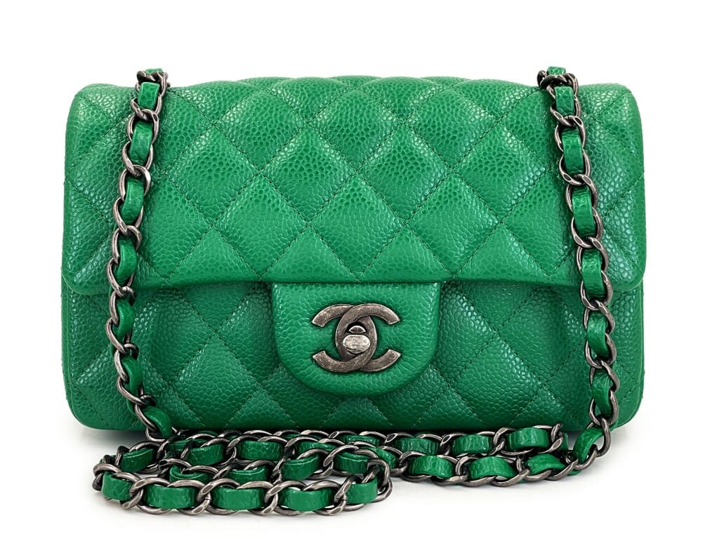 Green Quilted Caviar Mini Rectangular Flap Bag Ruthenium Hardware, 2016