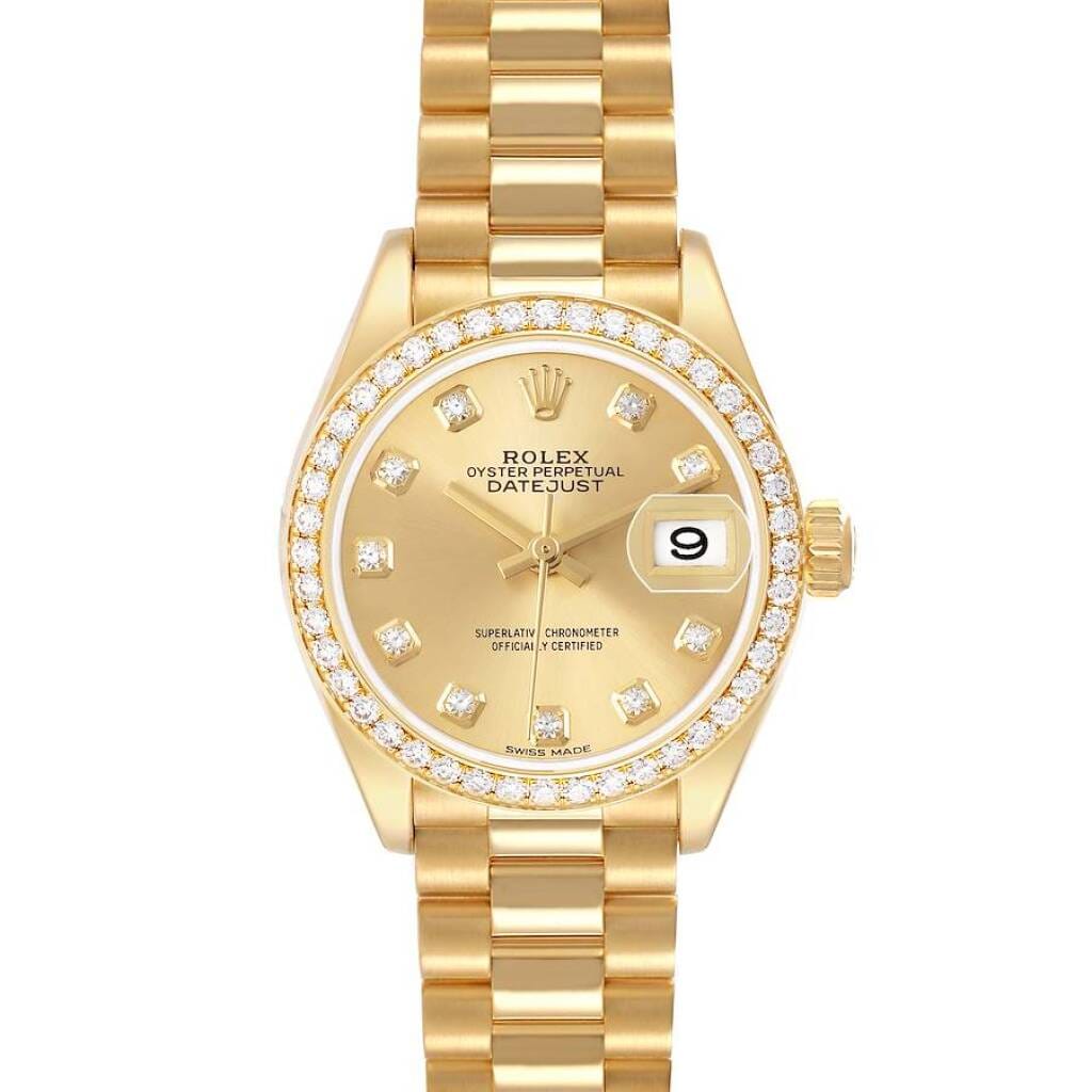 President Datejust (Reference 279138). A 28mm yellow gold diamond-set automatic wristwatch with date.