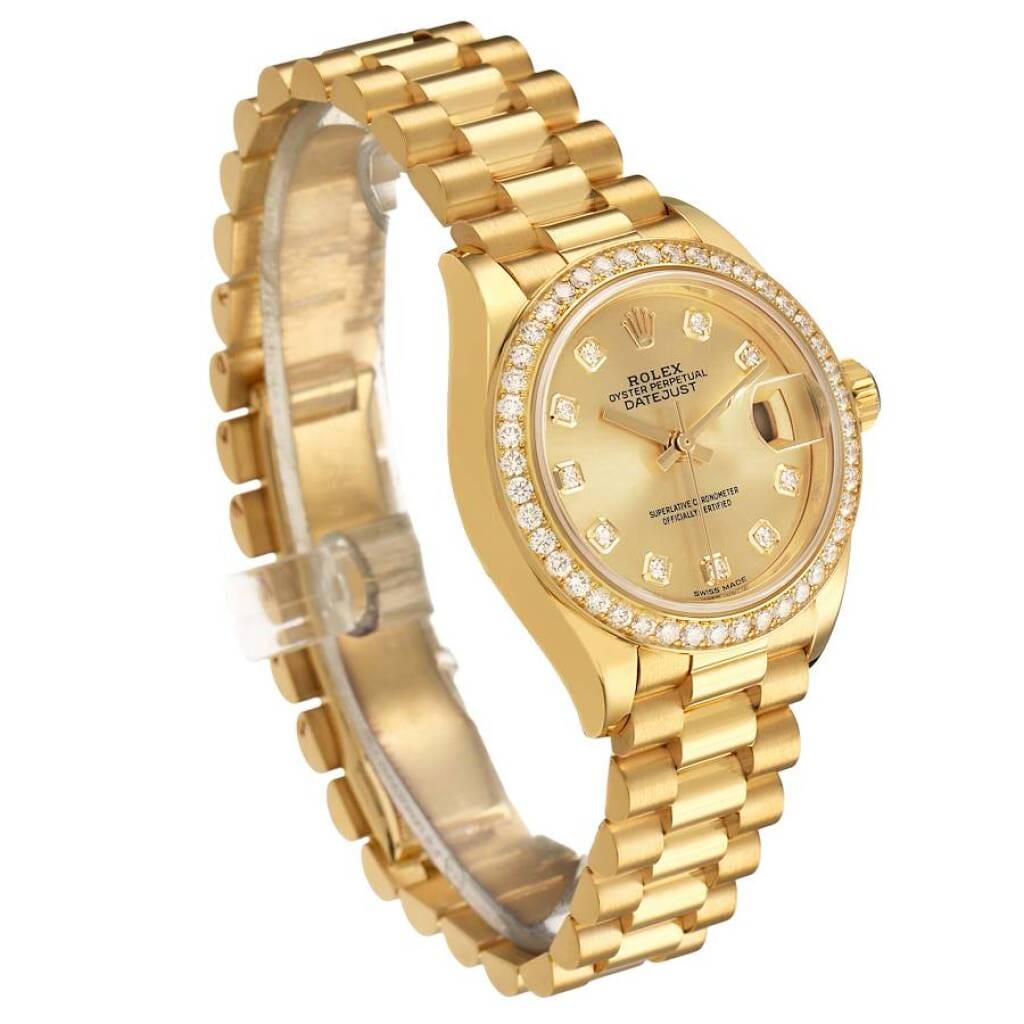President Datejust (Reference 279138). A 28mm yellow gold diamond-set automatic wristwatch with date.