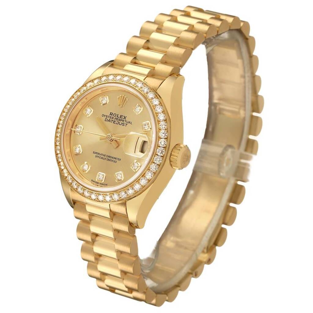 President Datejust (Reference 279138). A 28mm yellow gold diamond-set automatic wristwatch with date.