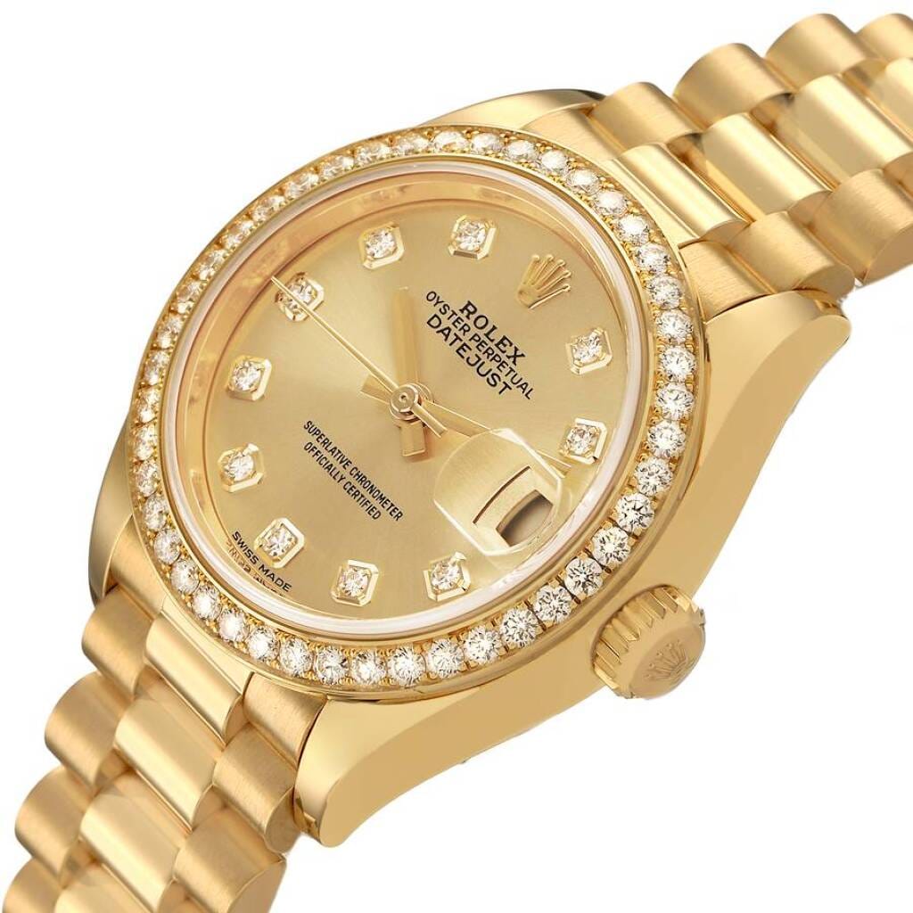 President Datejust (Reference 279138). A 28mm yellow gold diamond-set automatic wristwatch with date.