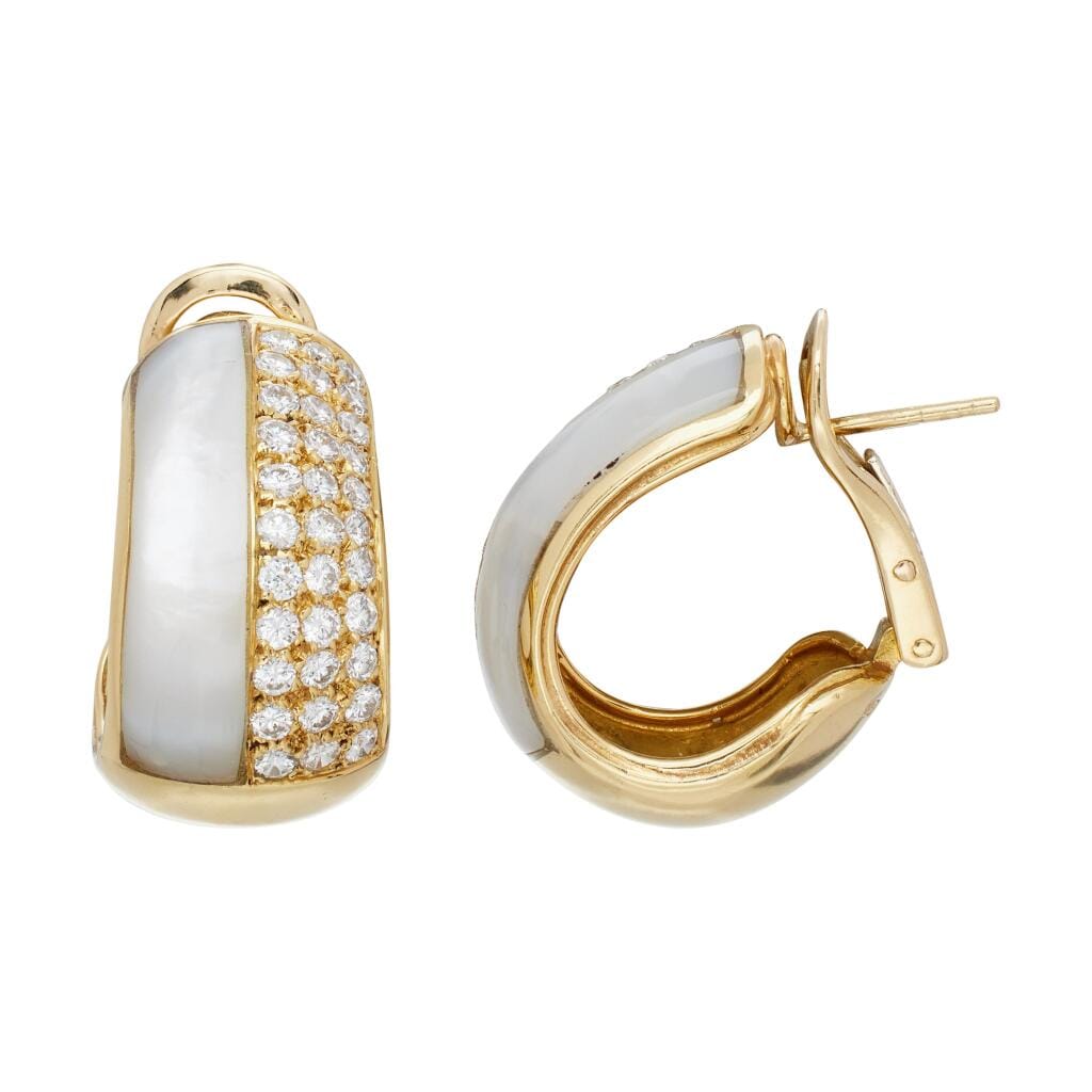 Vintage Gold, Mother of Pearl and Diamond Hoop Earclips
