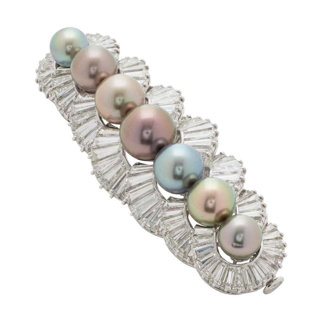 Platinum, Cultured Pearl and Diamond Brooch