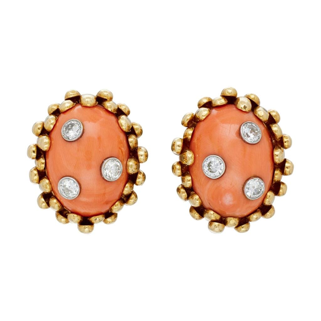 Vintage Gold, White Gold, Coral and Diamond Earclips