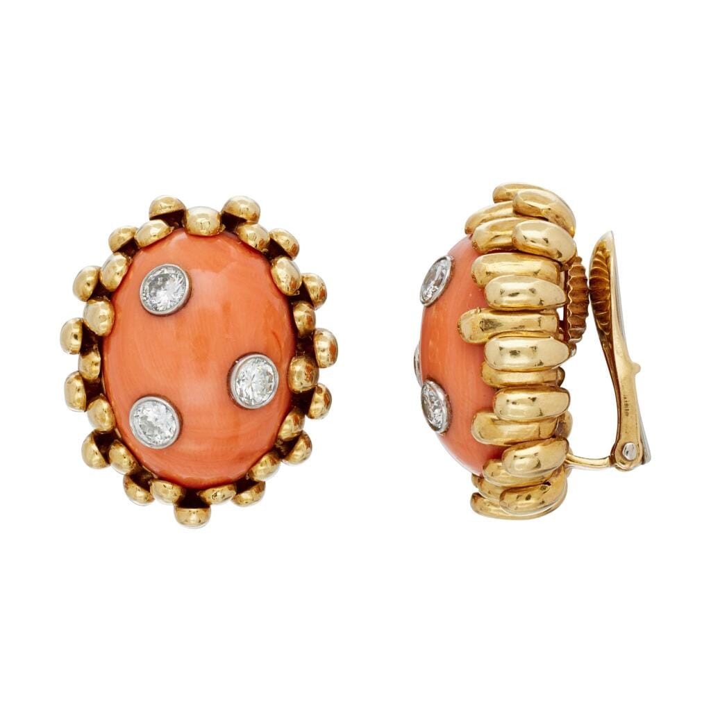 Vintage Gold, White Gold, Coral and Diamond Earclips