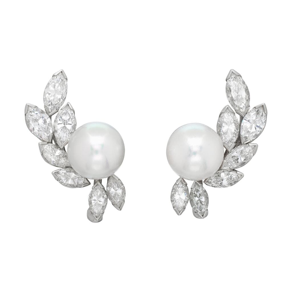 Vintage Platinum, Cultured Pearl and Diamond Cluster Earclips