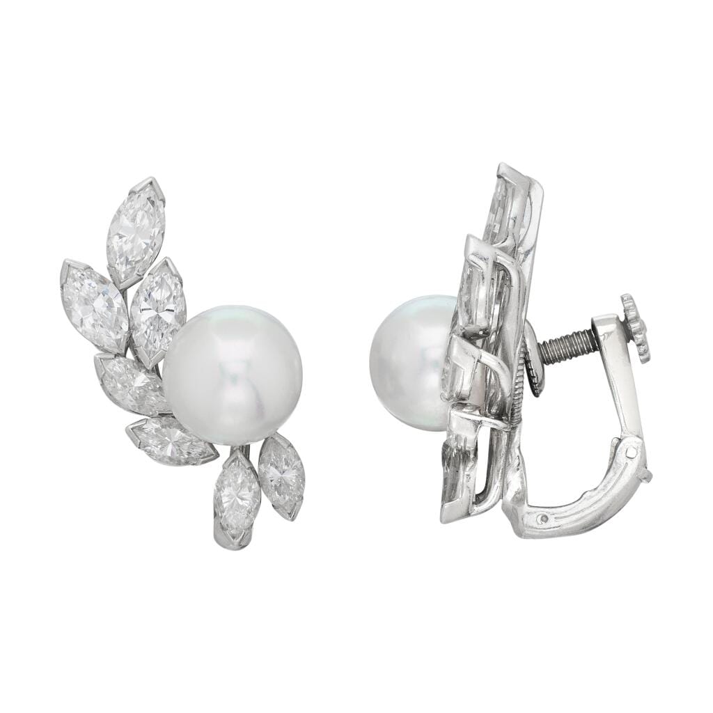 Vintage Platinum, Cultured Pearl and Diamond Cluster Earclips