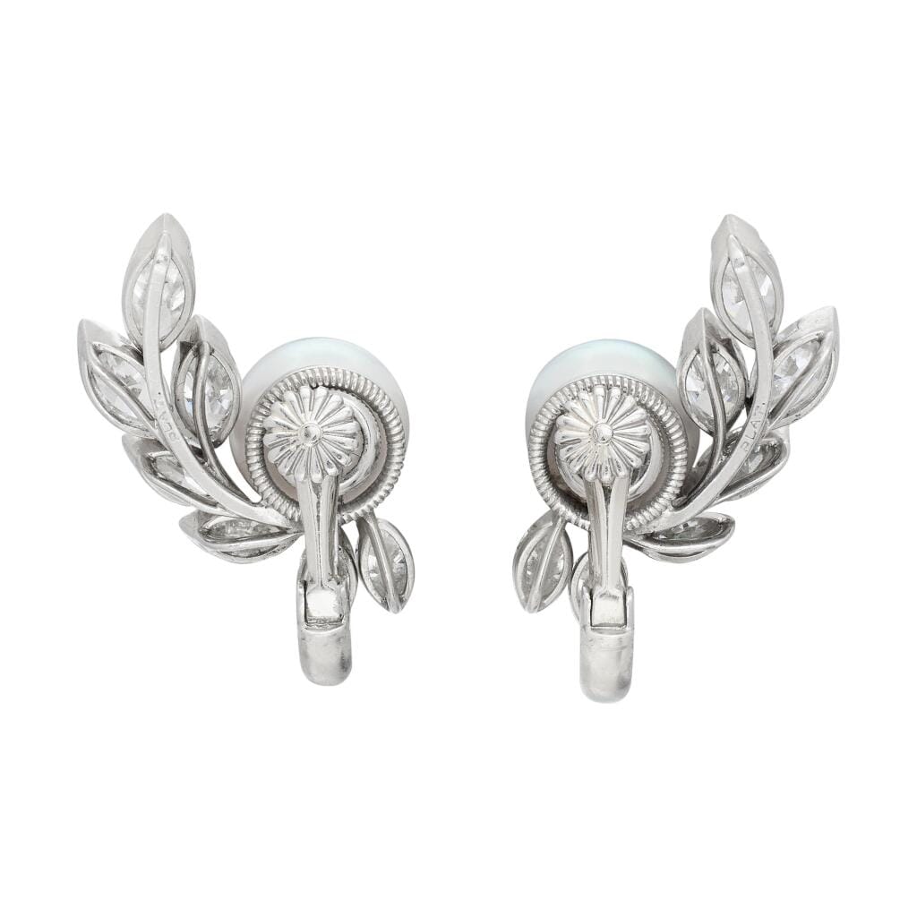 Vintage Platinum, Cultured Pearl and Diamond Cluster Earclips