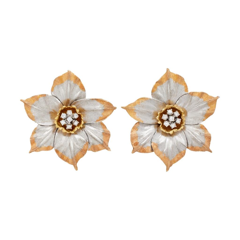 Vintage Gold, White Gold and Diamond Flower Earclips
