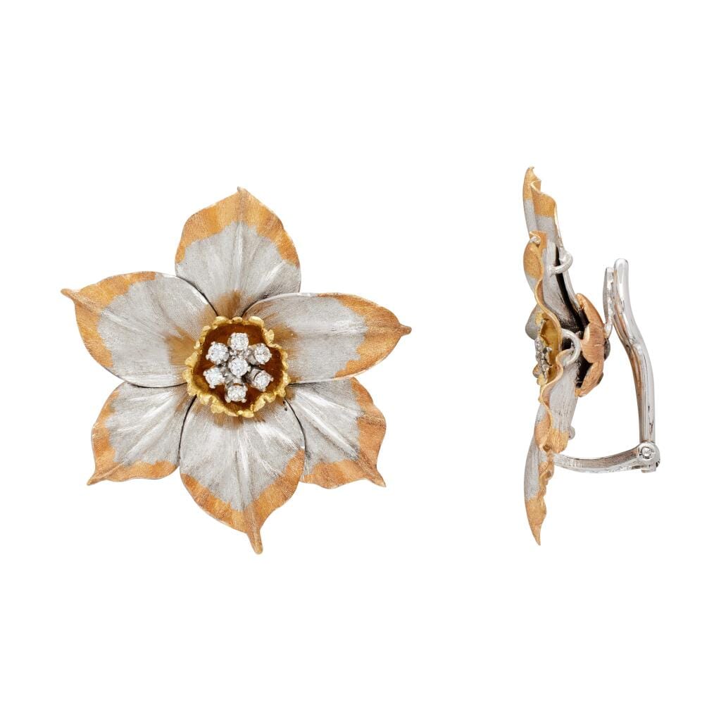 Vintage Gold, White Gold and Diamond Flower Earclips
