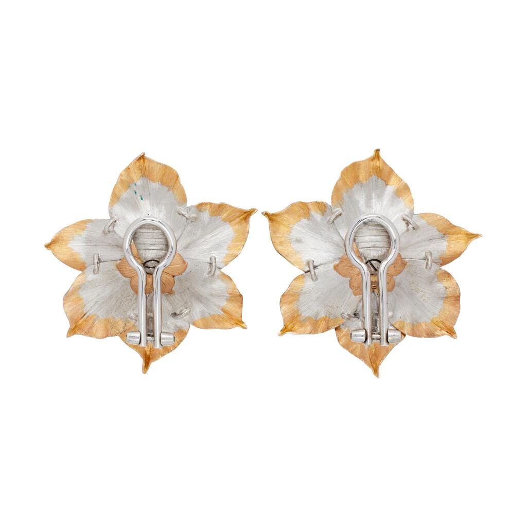 Vintage Gold, White Gold and Diamond Flower Earclips