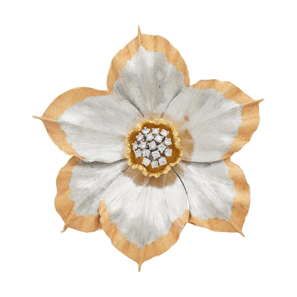 Vintage Gold, White Gold, Rose Gold and Diamond Flower Brooch