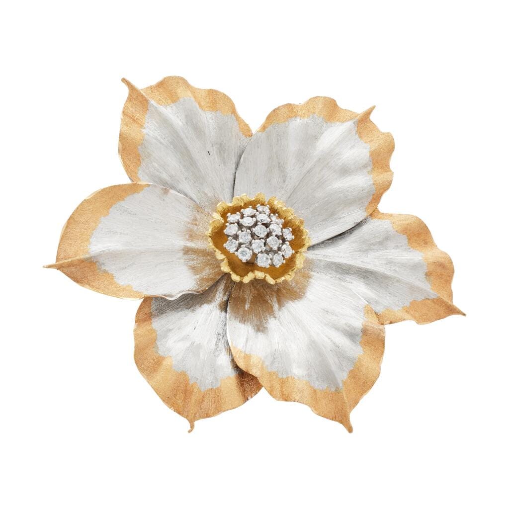 Vintage Gold, White Gold, Rose Gold and Diamond Flower Brooch