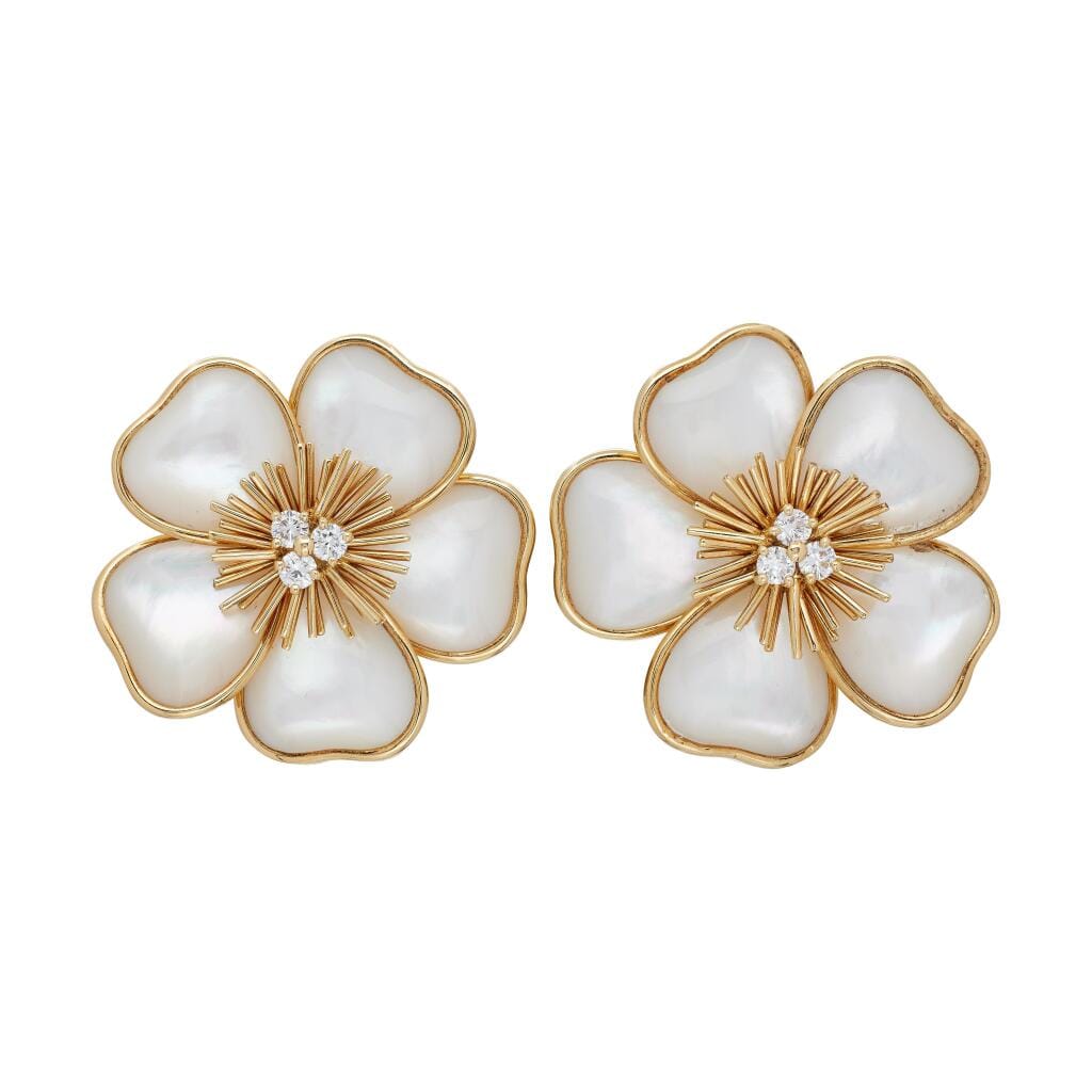 Gold, Mother of Pearl and Diamond Rose de Noël Earclips