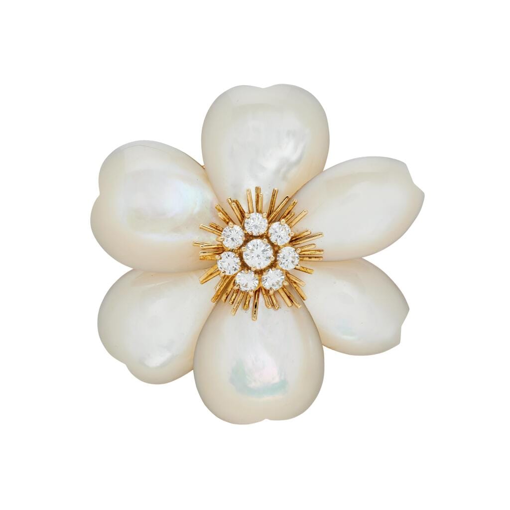 Gold, Mother of Pearl and Diamond Rose de Noël Large Brooch