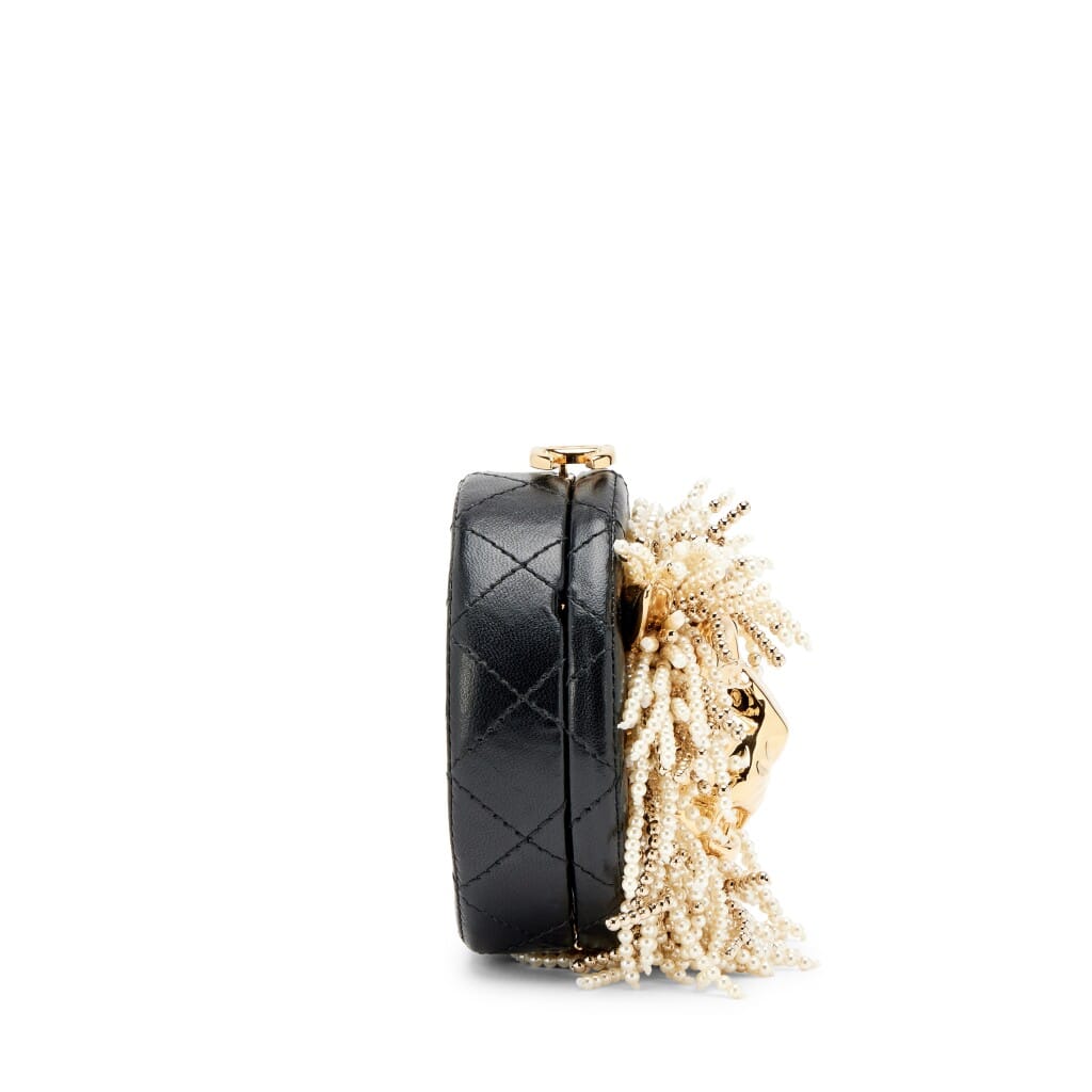 Black Quilted Lambskin Imitation Pearl Crystal Lion Round Minaudière Clutch Gold Hardware, 2023