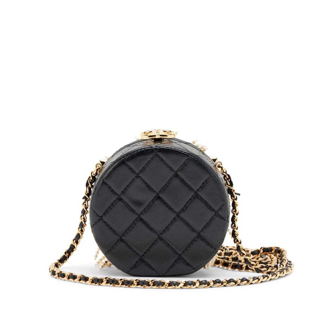 Black Quilted Lambskin Imitation Pearl Crystal Lion Round Minaudière Clutch Gold Hardware, 2023