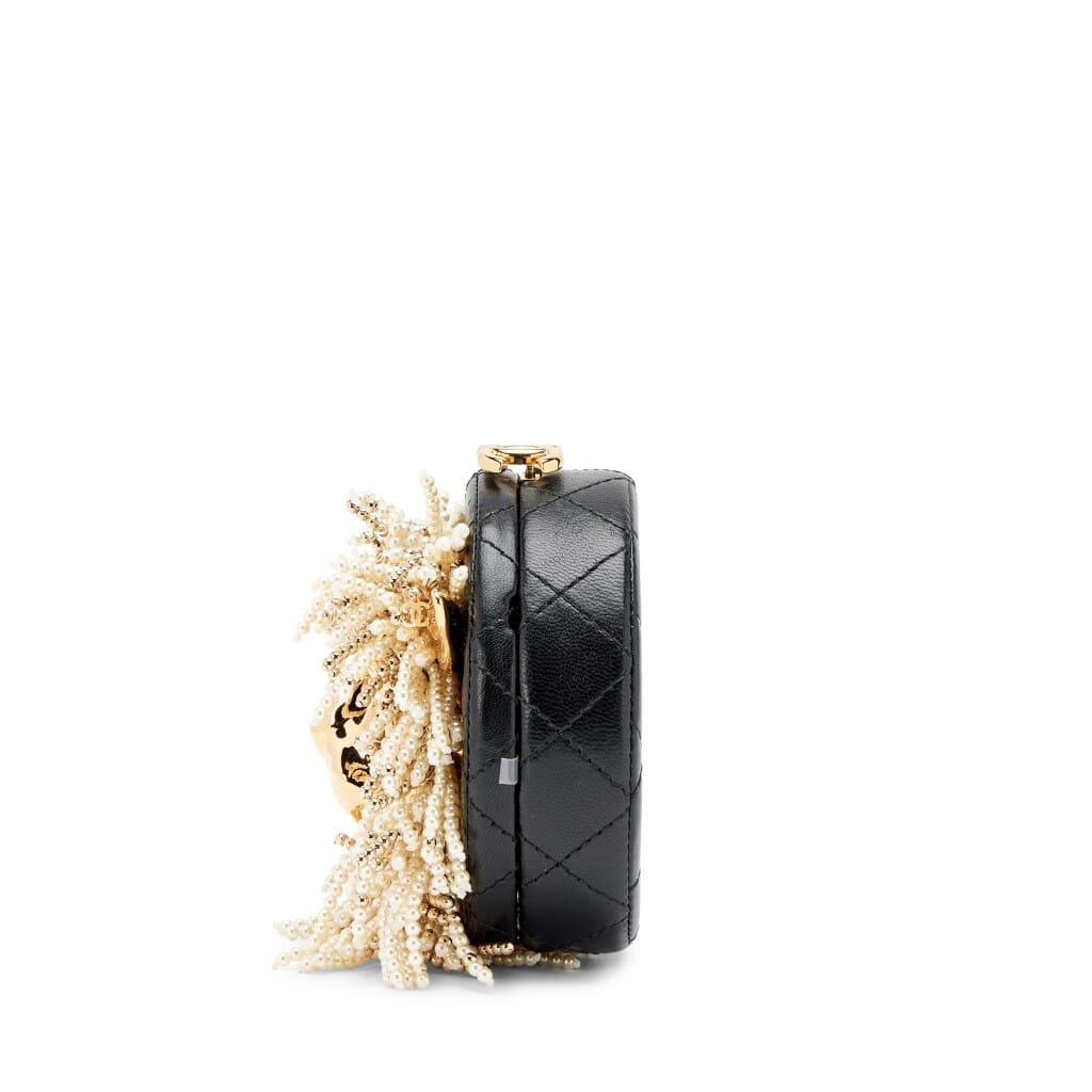 Black Quilted Lambskin Imitation Pearl Crystal Lion Round Minaudière Clutch Gold Hardware, 2023