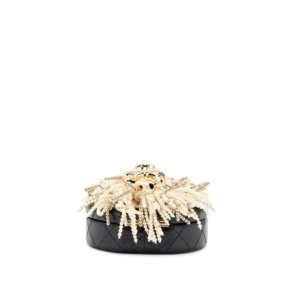 Black Quilted Lambskin Imitation Pearl Crystal Lion Round Minaudière Clutch Gold Hardware, 2023