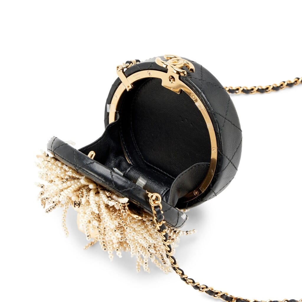 Black Quilted Lambskin Imitation Pearl Crystal Lion Round Minaudière Clutch Gold Hardware, 2023
