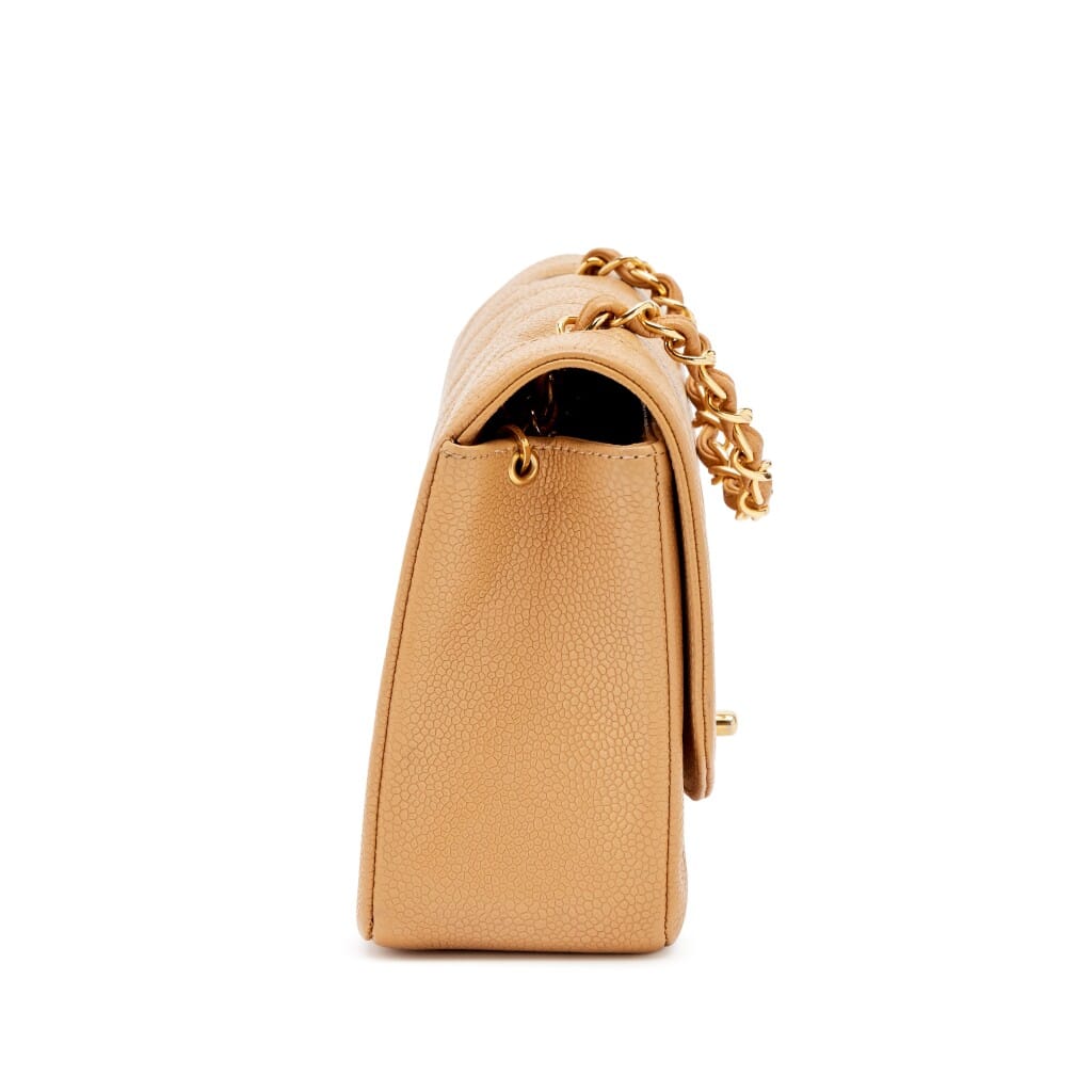 Vintage Camel Beige Quilted Caviar Small Diana Flap Bag Gold Hardware, 1991-1994