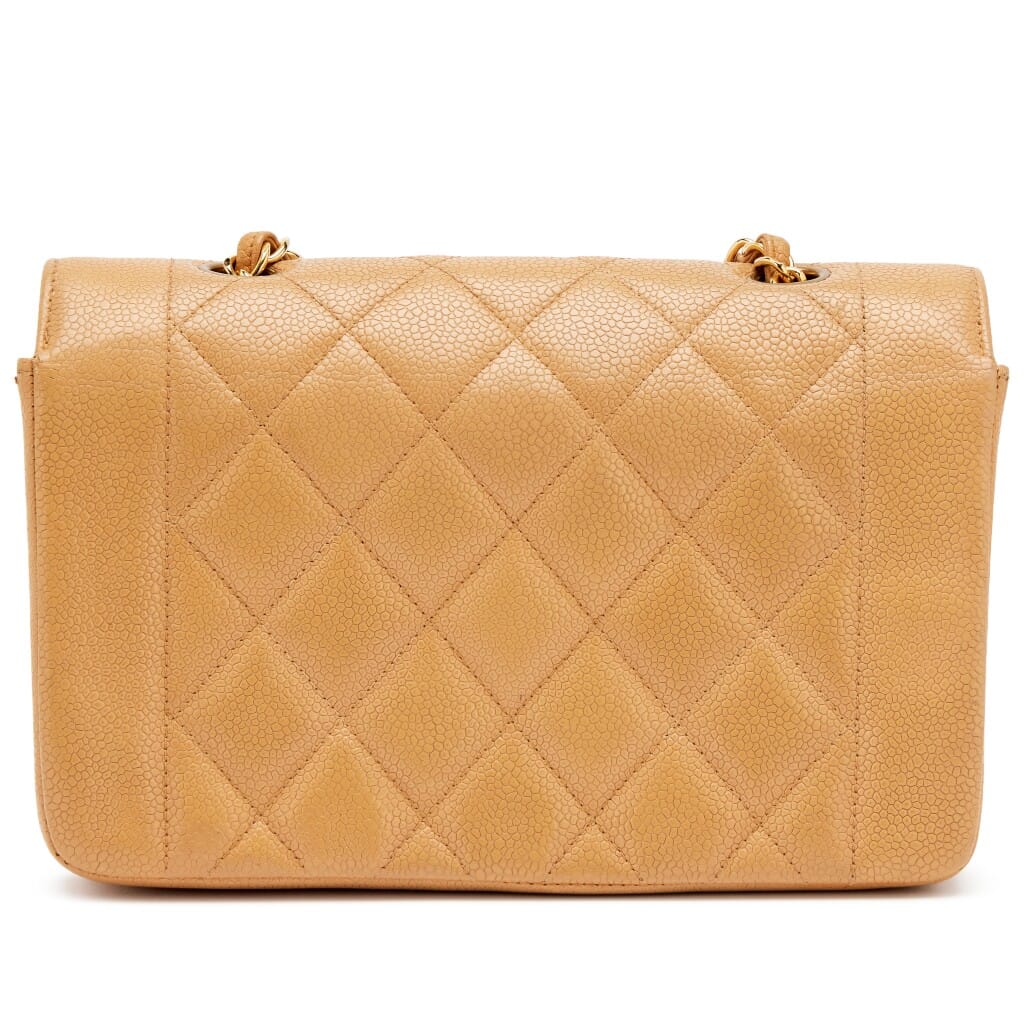 Vintage Camel Beige Quilted Caviar Small Diana Flap Bag Gold Hardware, 1991-1994