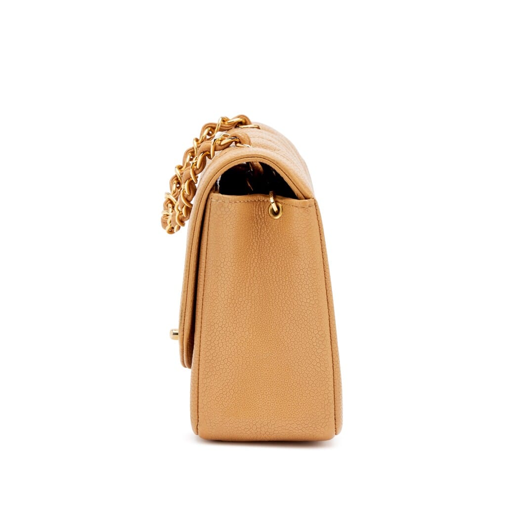 Vintage Camel Beige Quilted Caviar Small Diana Flap Bag Gold Hardware, 1991-1994