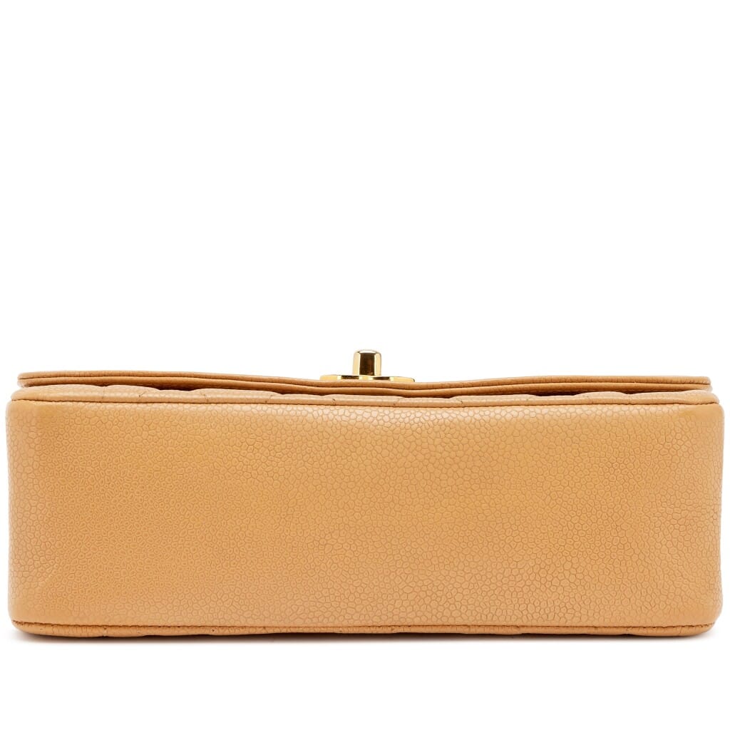 Vintage Camel Beige Quilted Caviar Small Diana Flap Bag Gold Hardware, 1991-1994