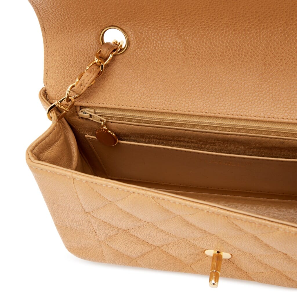 Vintage Camel Beige Quilted Caviar Small Diana Flap Bag Gold Hardware, 1991-1994