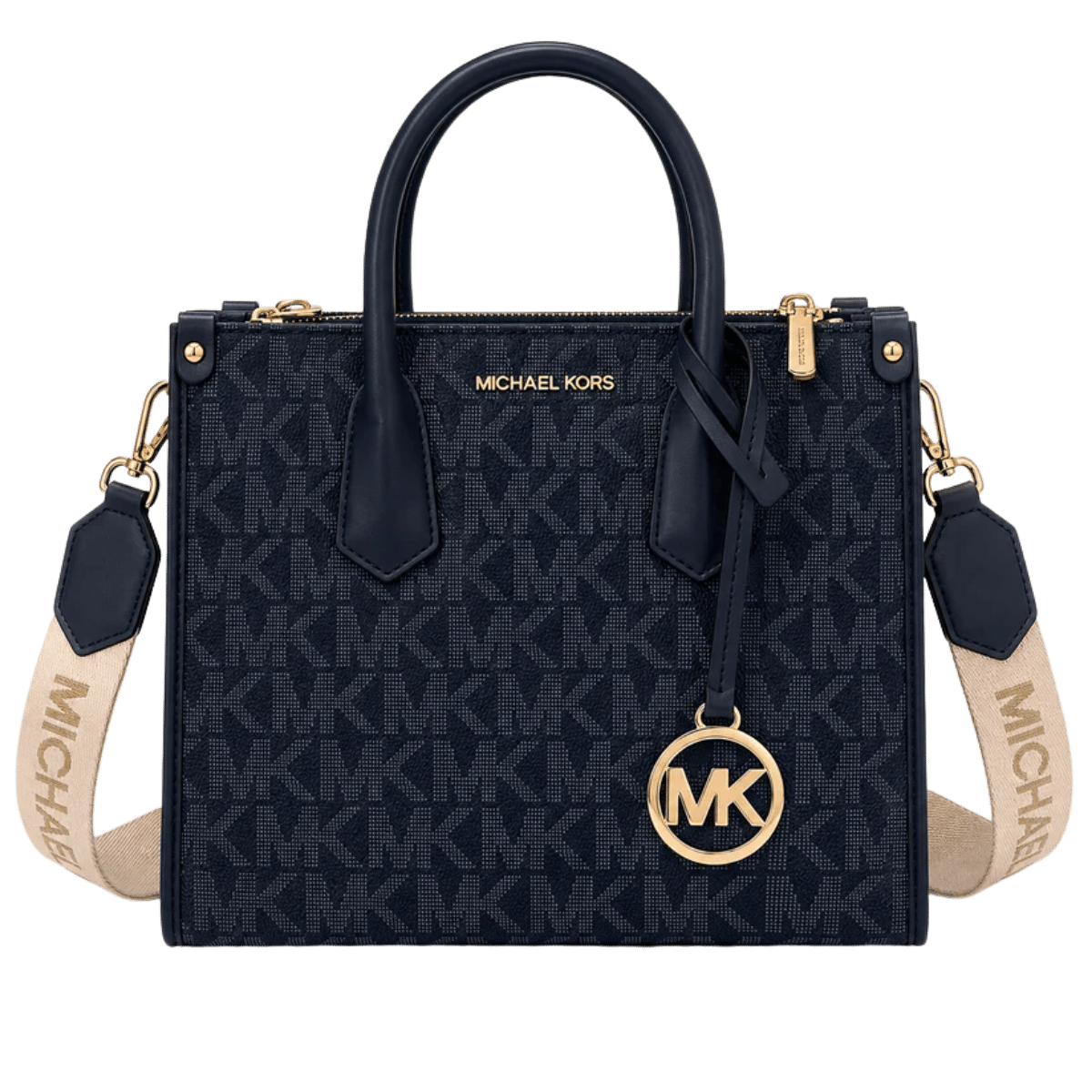 Michael Kors MK Mirella Small Shopper Top Zip Crossbody Bag – Navy Blue Jacquard