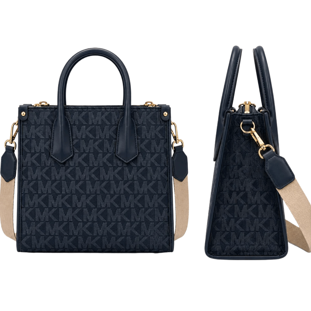 Michael Kors MK Mirella Small Shopper Top Zip Crossbody Bag – Navy Blue Jacquard