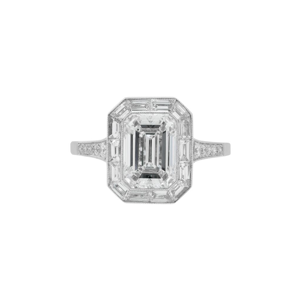 Platinum, 2.01ct Emerald Cut Diamond and Diamond Engagement Ring
