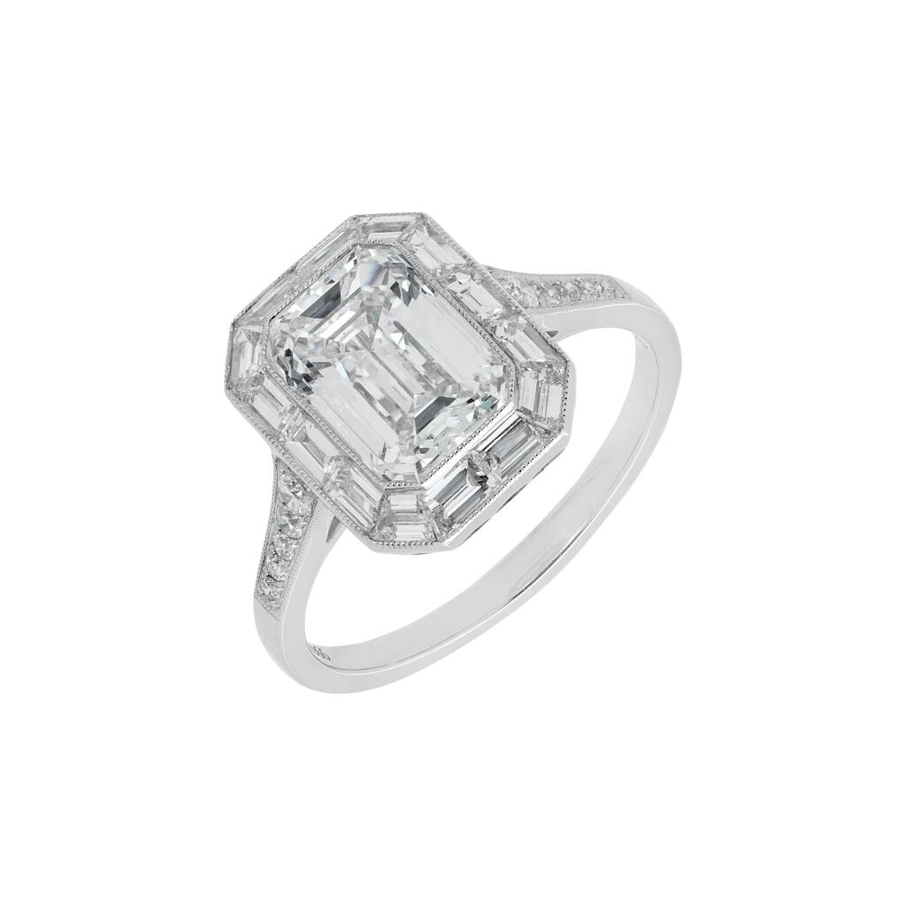 Platinum, 2.01ct Emerald Cut Diamond and Diamond Engagement Ring