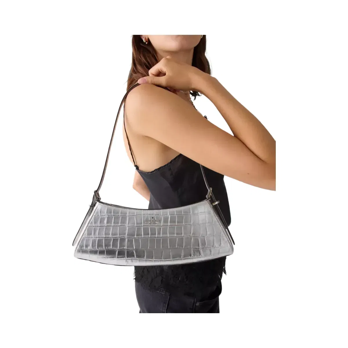 Kate Spade Frankie Metallic Croc Embossed Small East West Shoulder Silver