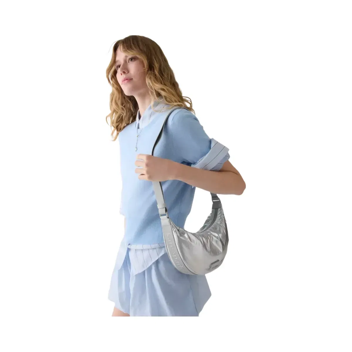 Kate Spade Carter Metallic Fabric Sling Bag Silver
