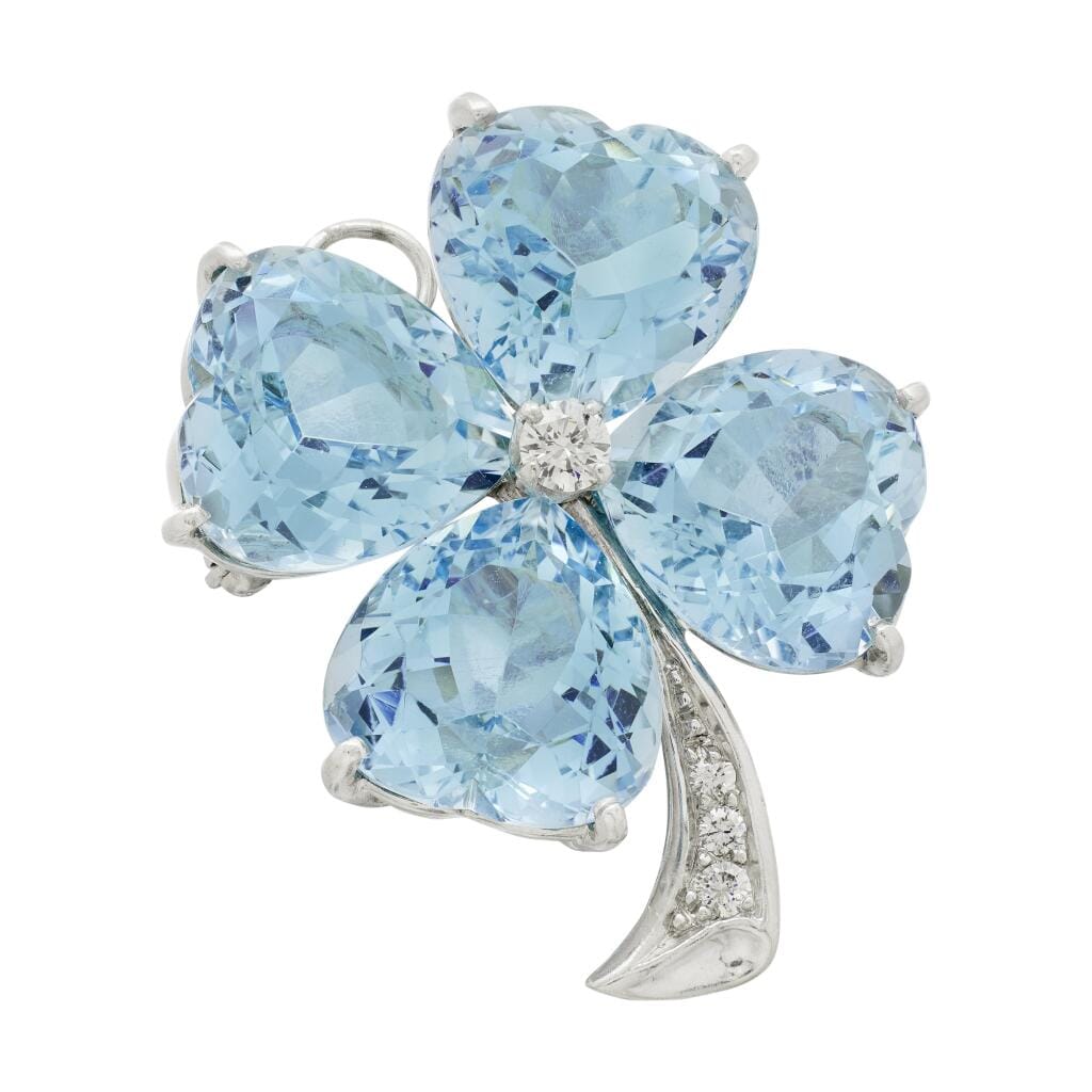 Platinum, Aquamarine and Diamond Clover Brooch Pendant