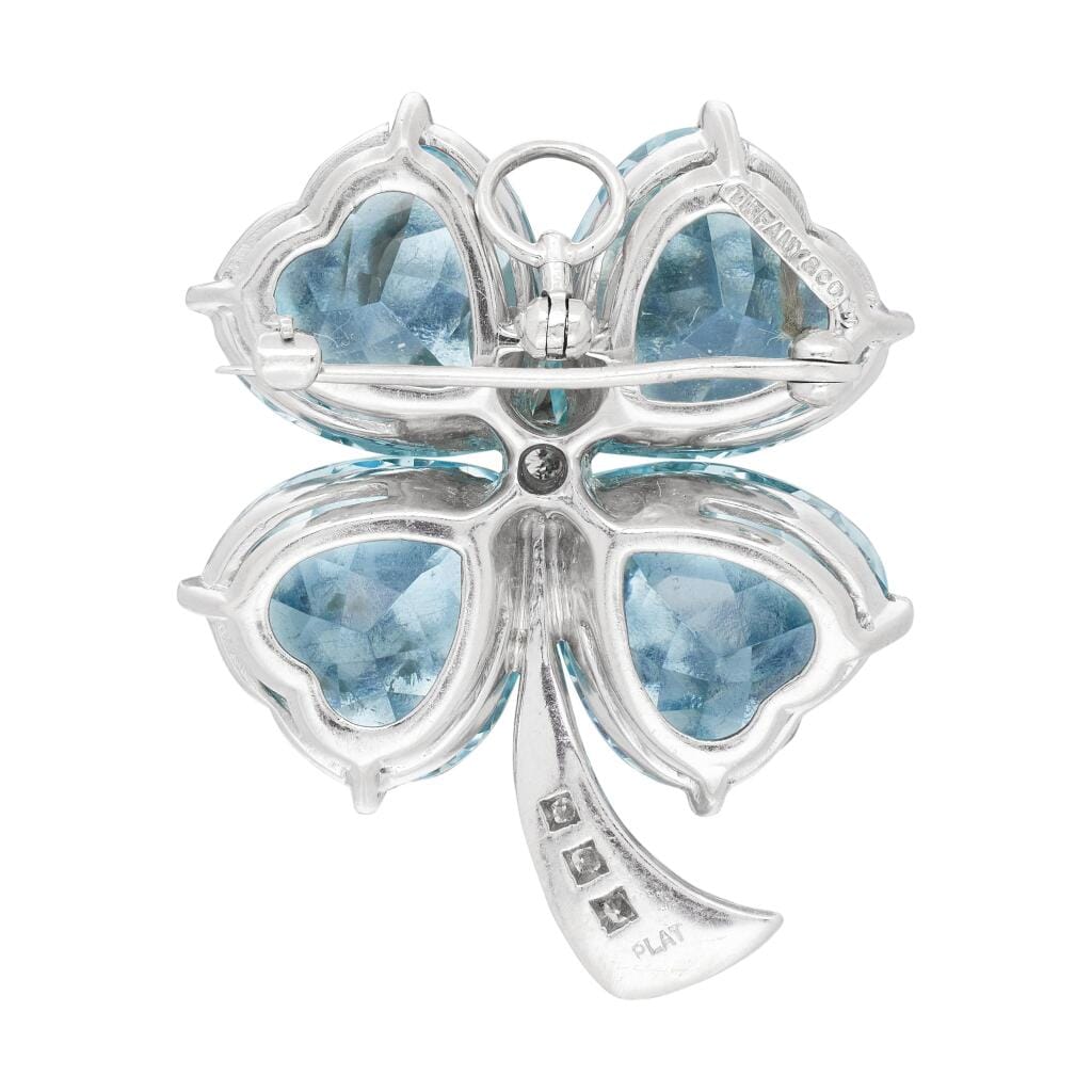 Platinum, Aquamarine and Diamond Clover Brooch Pendant
