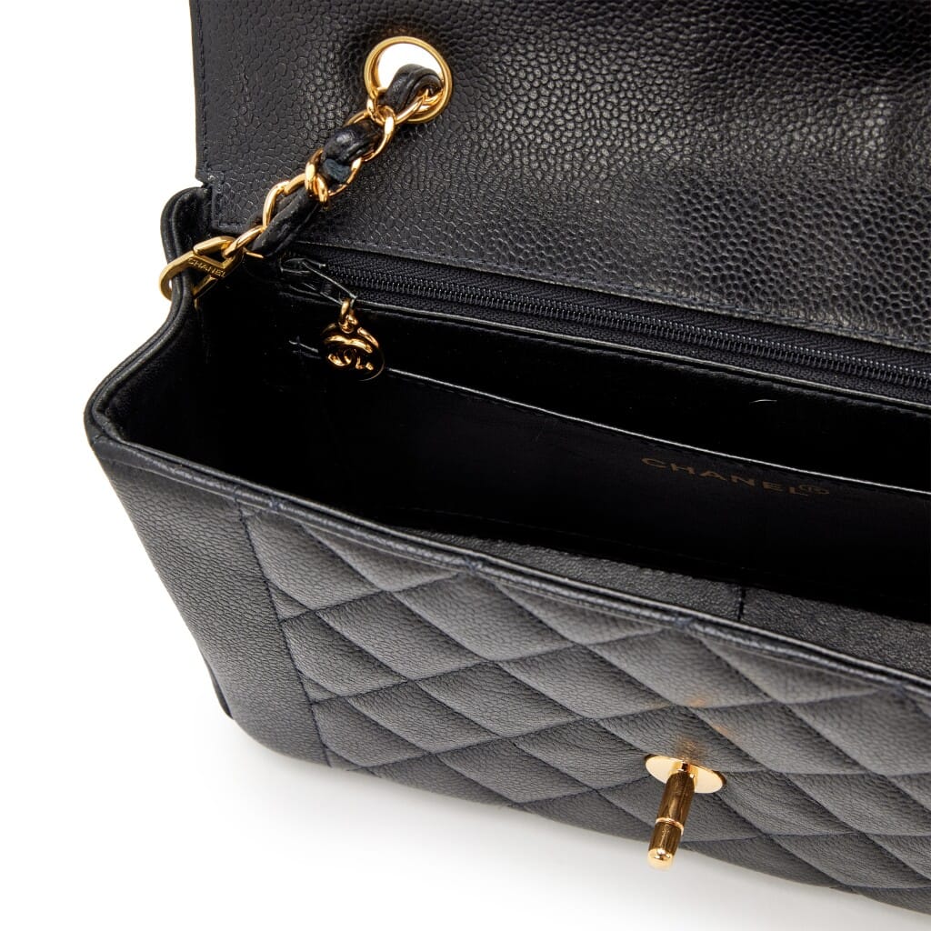 Vintage Black Quilted Caviar Medium Diana Flap Bag Gold Hardware, 1997-1999