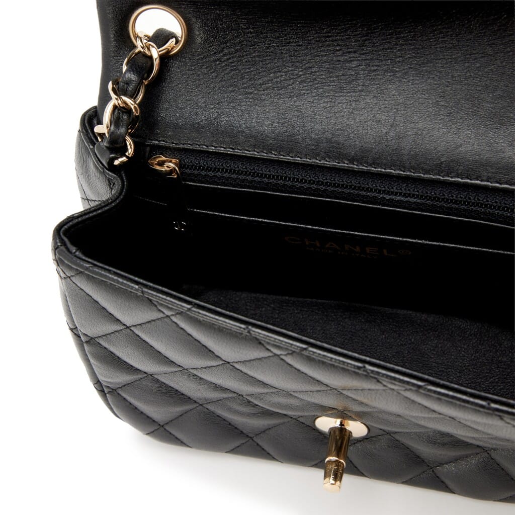 Black Quilted Lambskin Mini Square Classic Single Flap Bag Light Gold Hardware, 2015