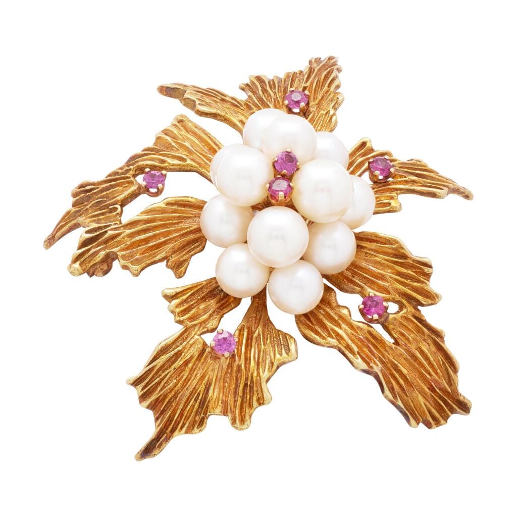 Vintage Gold, Cultured Pearl and Ruby Leaf Brooch