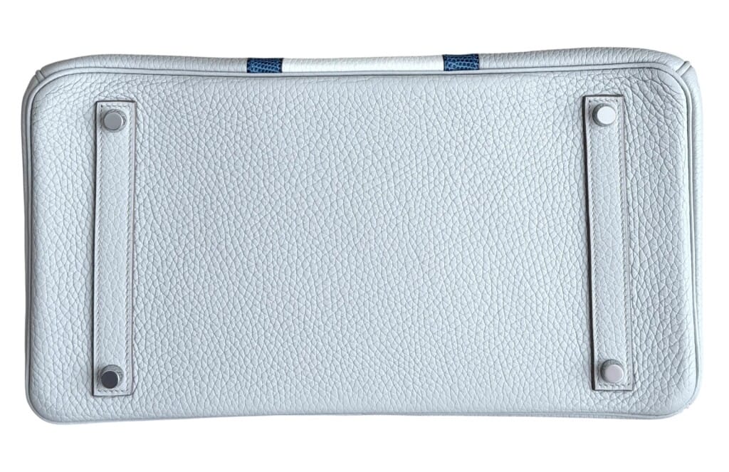 Limited Edition Gris Perle, White, and Bleu Mykonos Clemence and Shiny Niloticus Lizard Club Birkin 35 Palladium Hardware, 2011