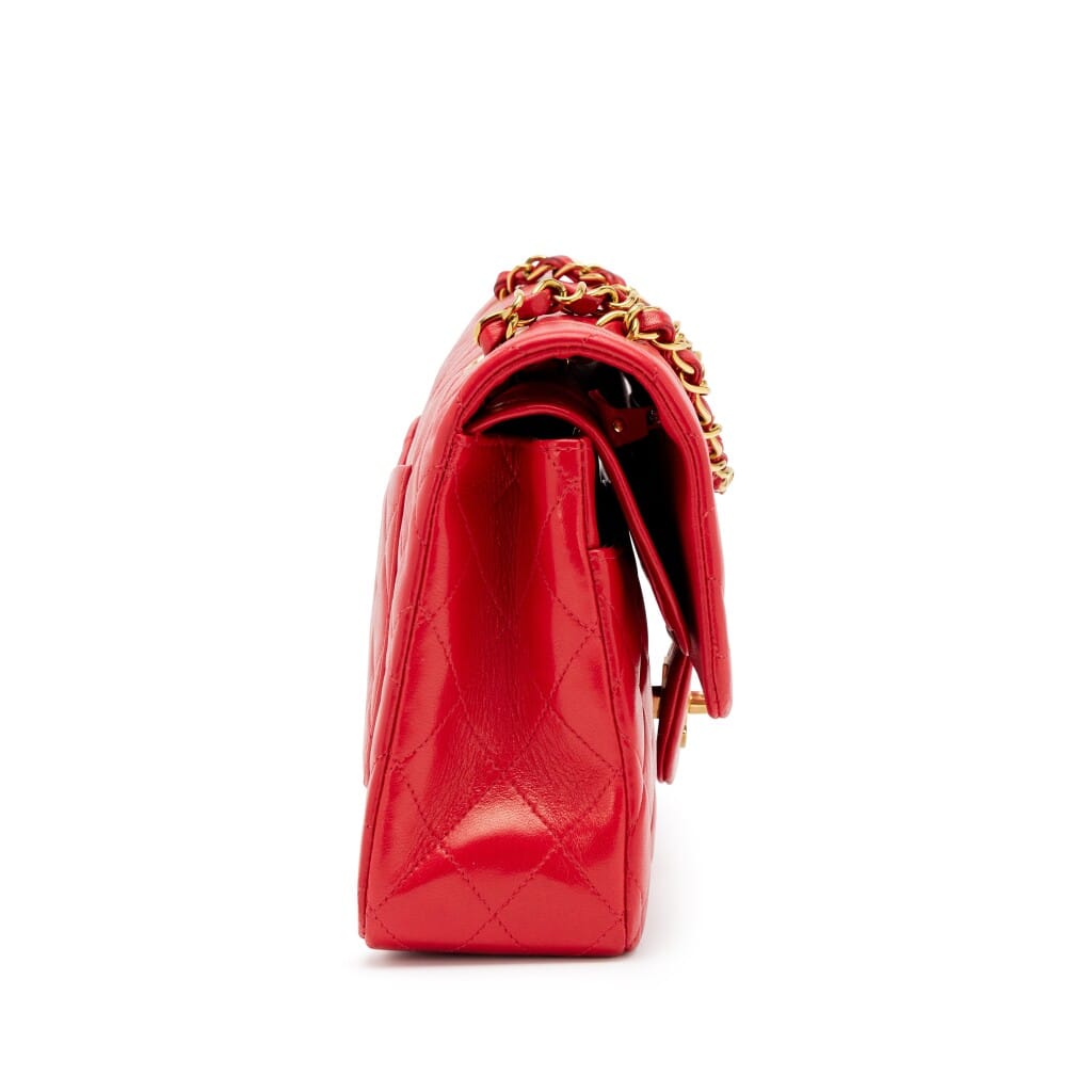 Vintage Lipstick Red Quilted Lambskin Classic Medium Double Flap Bag Gold Hardware, 1994-1996