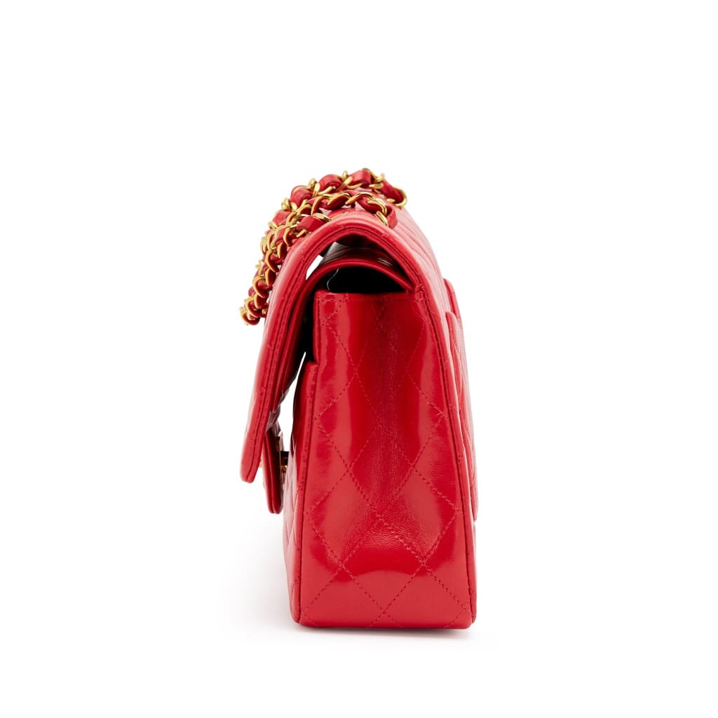 Vintage Lipstick Red Quilted Lambskin Classic Medium Double Flap Bag Gold Hardware, 1994-1996