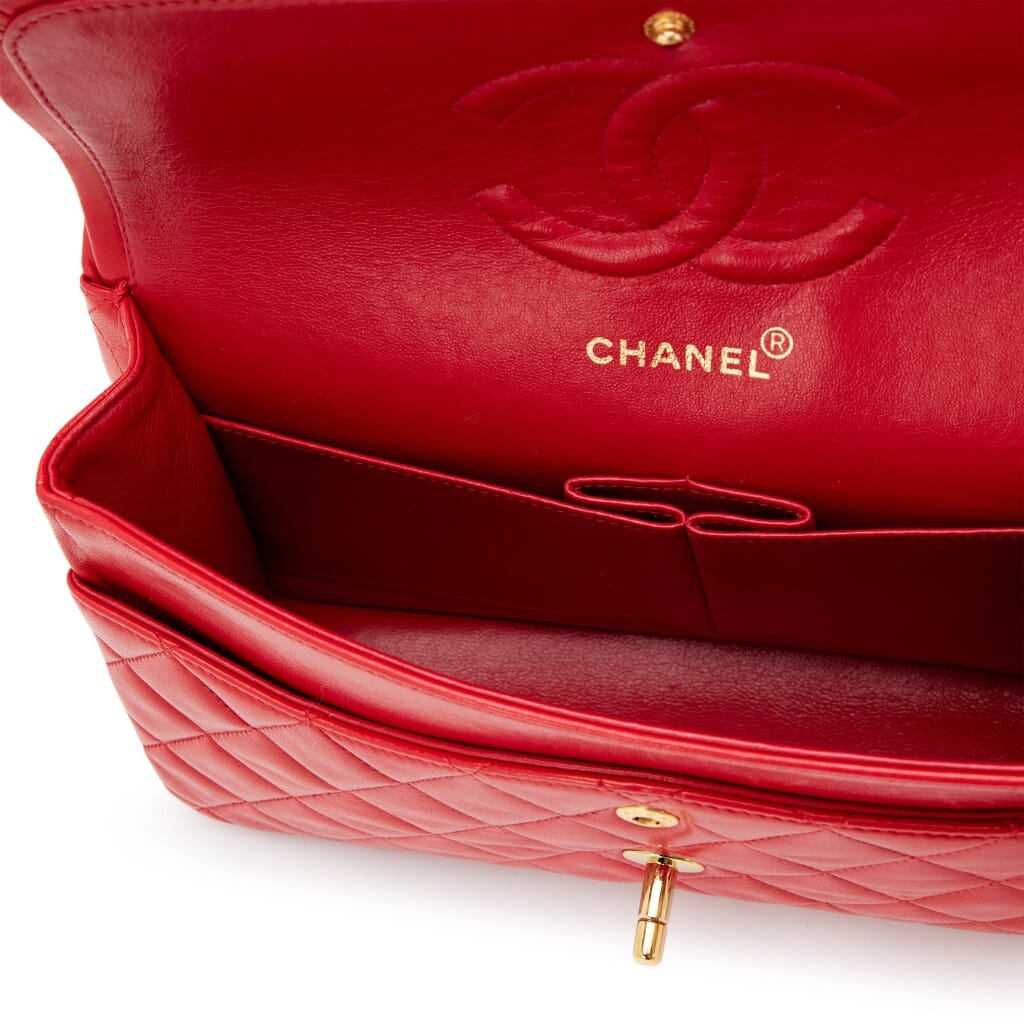 Vintage Lipstick Red Quilted Lambskin Classic Medium Double Flap Bag Gold Hardware, 1994-1996
